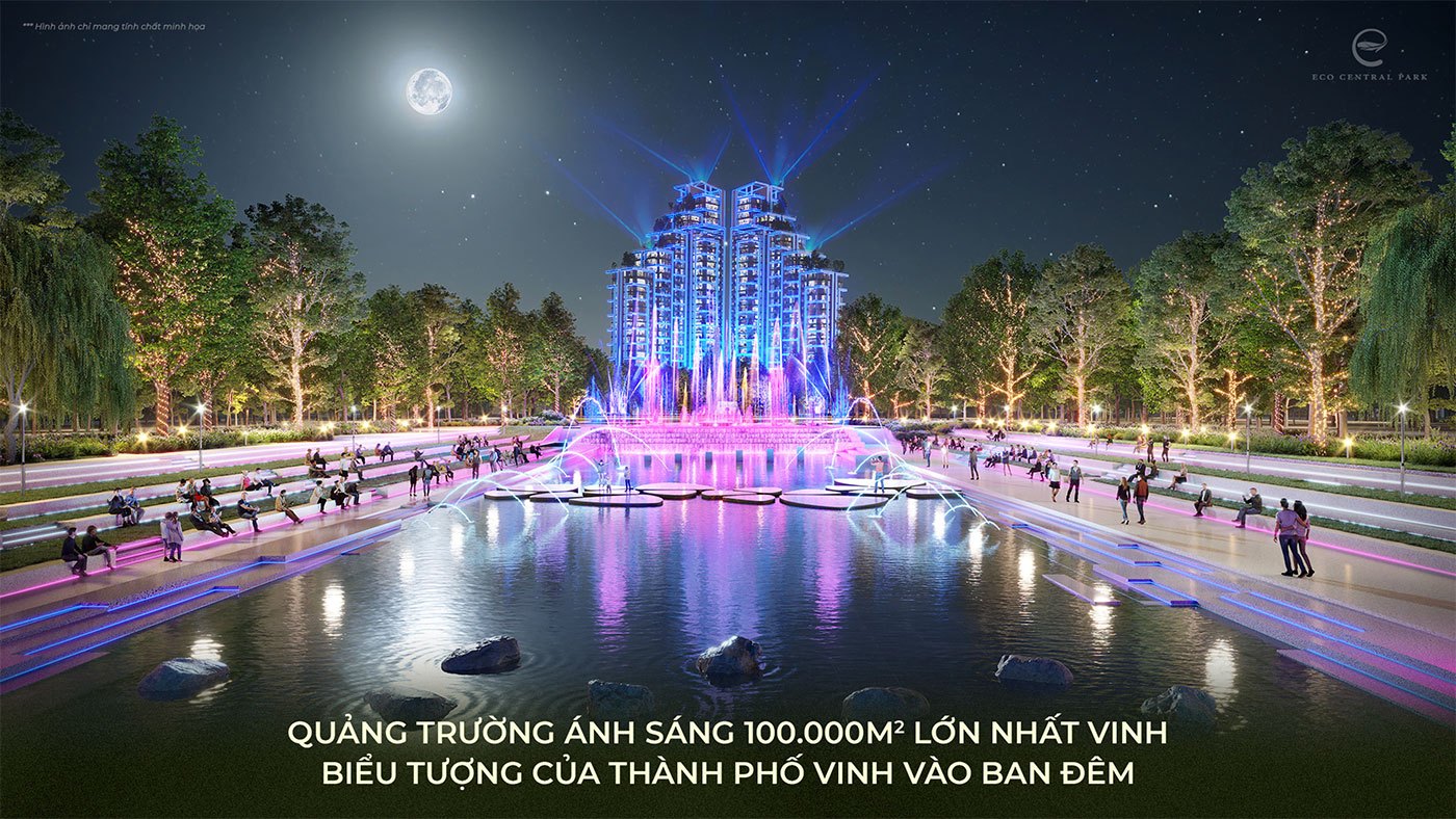 Quảng trường ánh sáng 100.000m2 lớn nhất thành phố Vinh là biểu tượng của thành phố Vinh vào ban đêm.