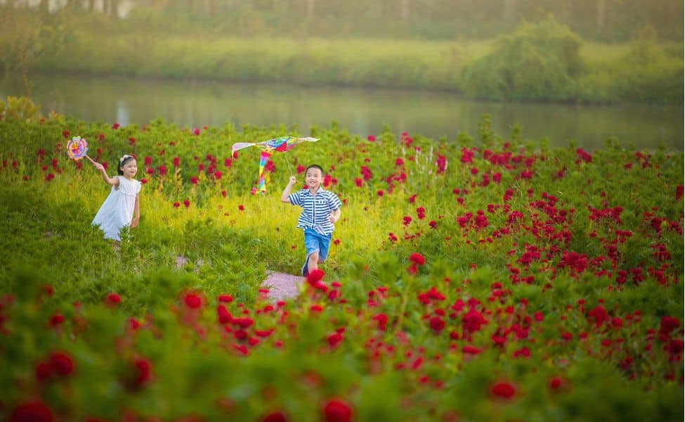 Trẻ em thả diều trong khu vườn hoa khu đô thị Ecopark.