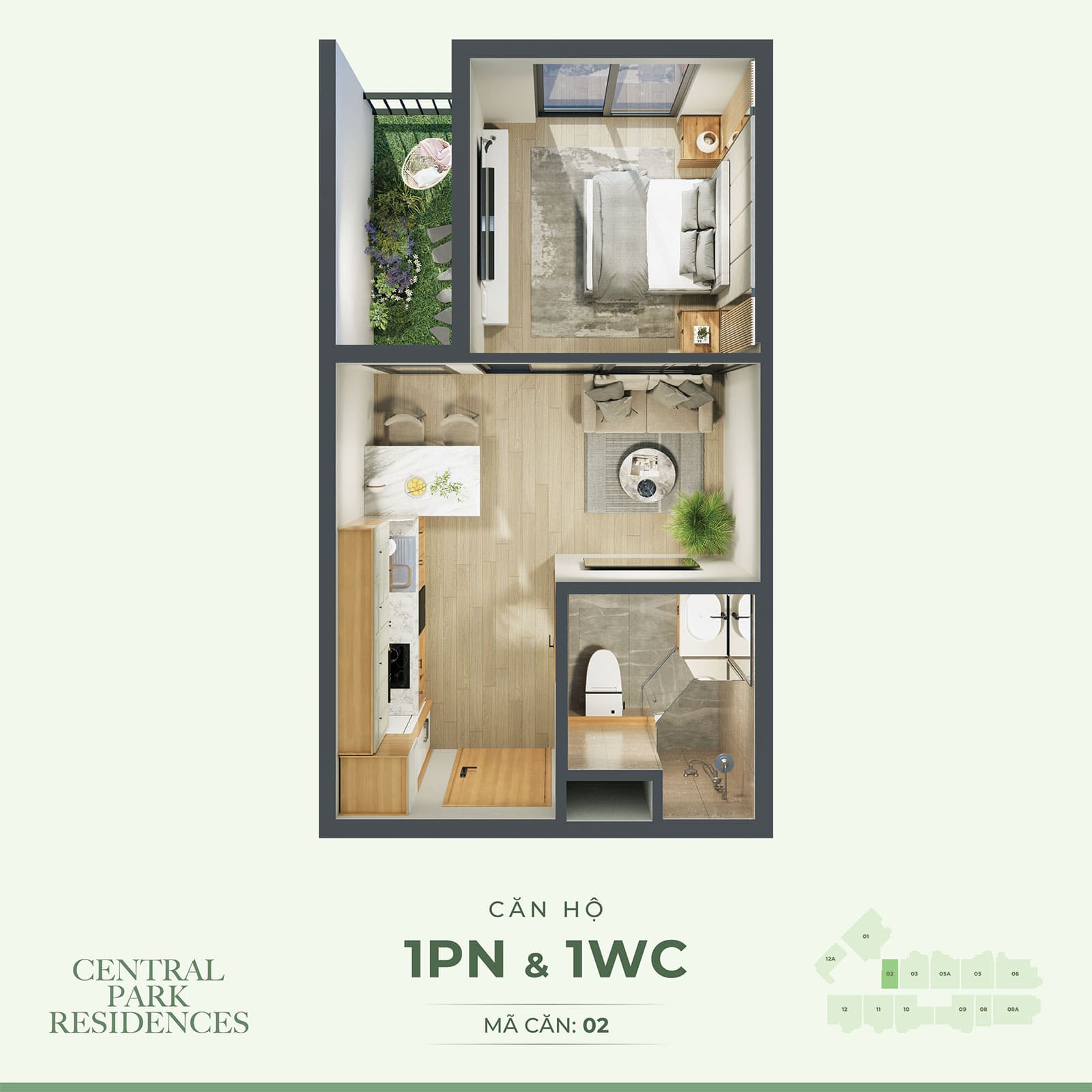 Layout thiết kế căn hộ 1 Phòng Ngủ và 1WC với Mã Căn 02 tại dự án Central Park Residences.