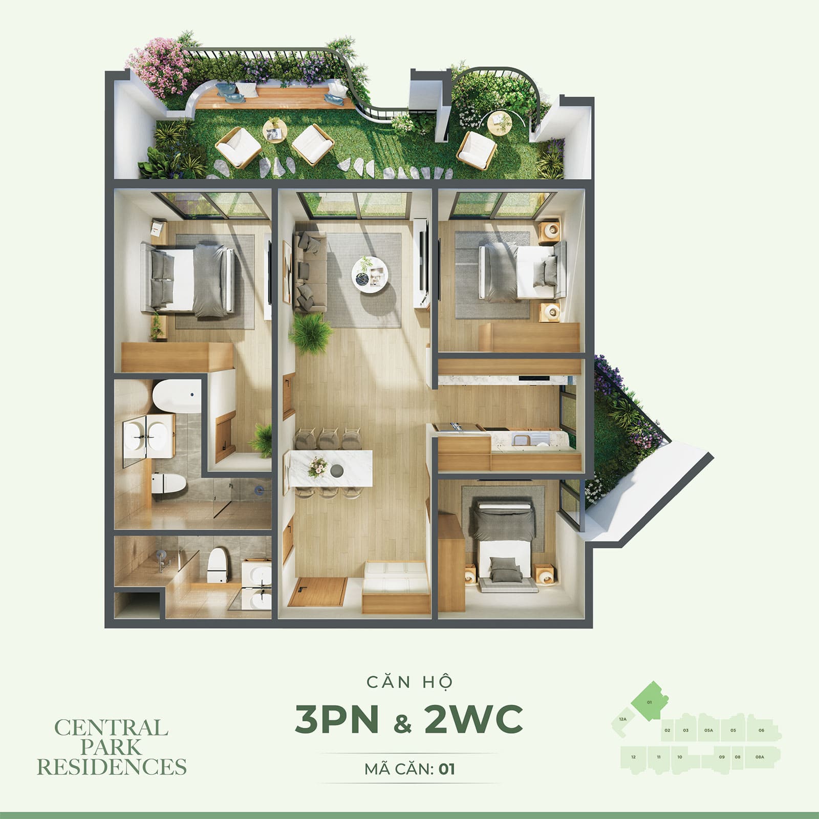 Layout thiết kế căn hộ 3 Phòng Ngủ và 2WC với Mã Căn 01 tại dự án Central Park Residences.
