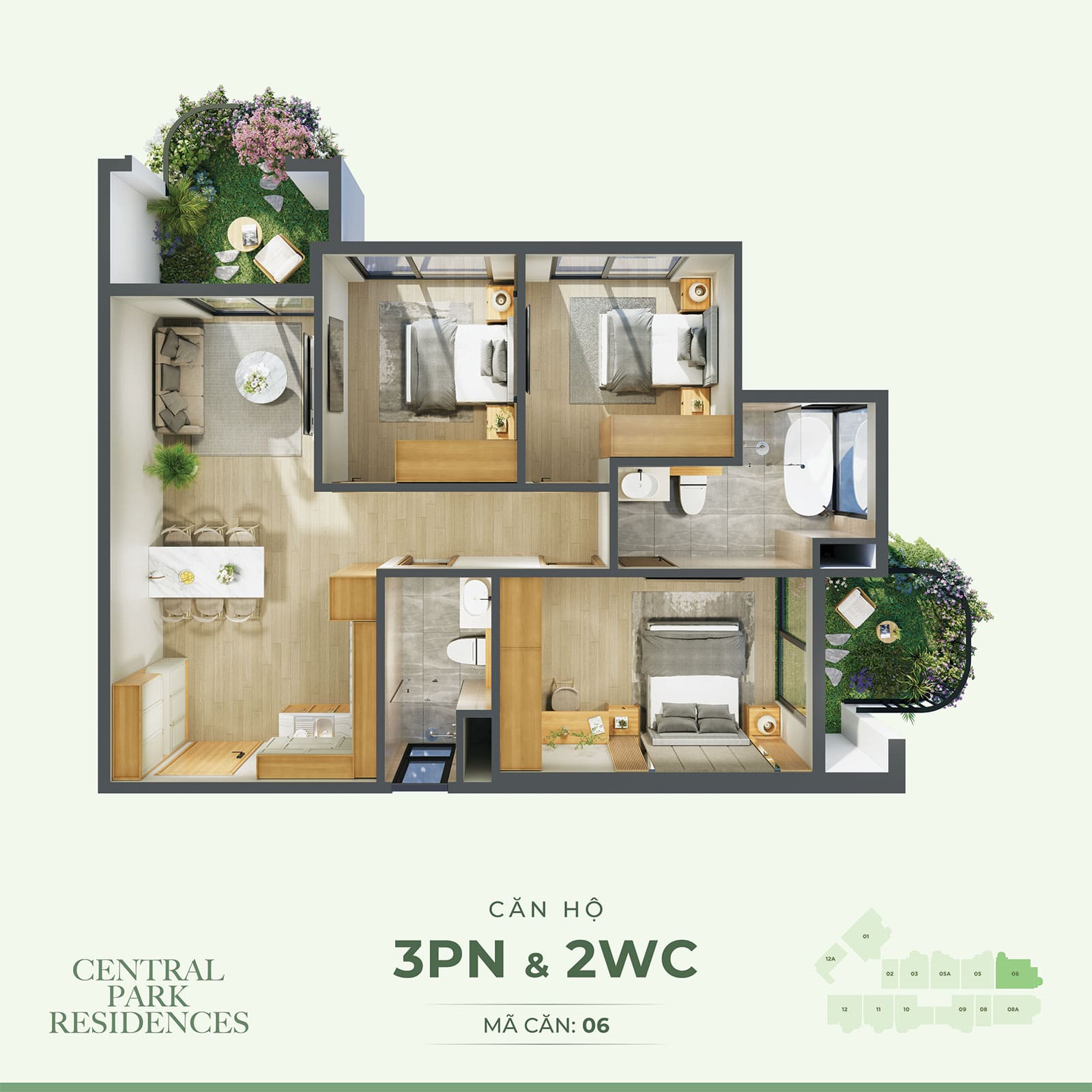 Layout thiết kế căn hộ 3 Phòng Ngủ và 2WC với Mã Căn 06 tại dự án Central Park Residences.