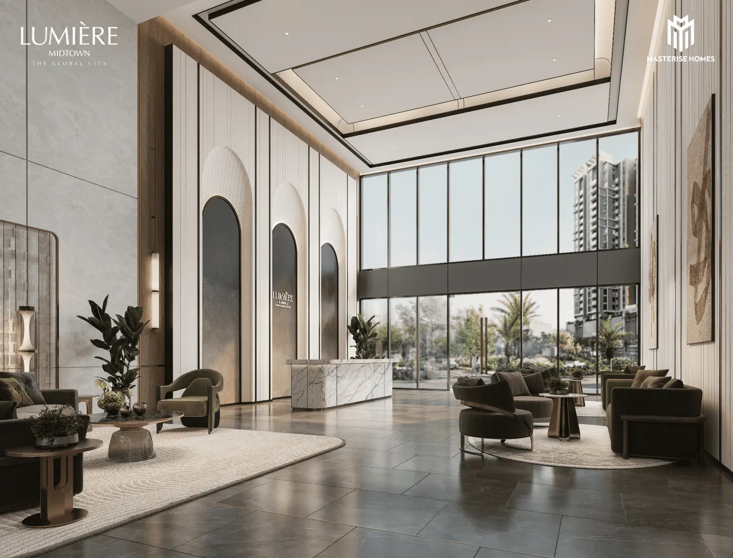 Sảnh tiếp đón sang trọng tại LUMIÈRE Midtown, nơi tinh hoa kiến trúc và tiện ích đẳng cấp hòa quyện.